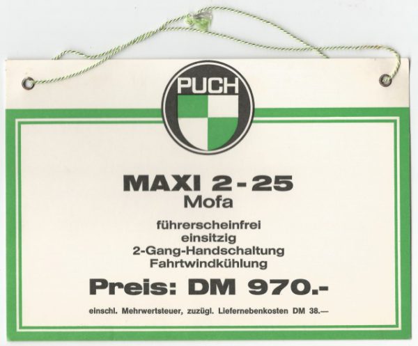 PUCH – Original Preisschild - "MAXI 2-25 Mofa" - Deutschland