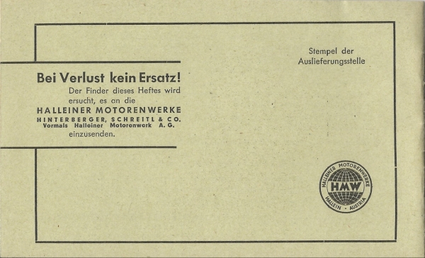 Originales SERVICEHEFT (innen nicht ausgefüllt) für HMW MOPED von 1957 + GARANTIEKARTE – kein Nachdruck !! – Bild 2